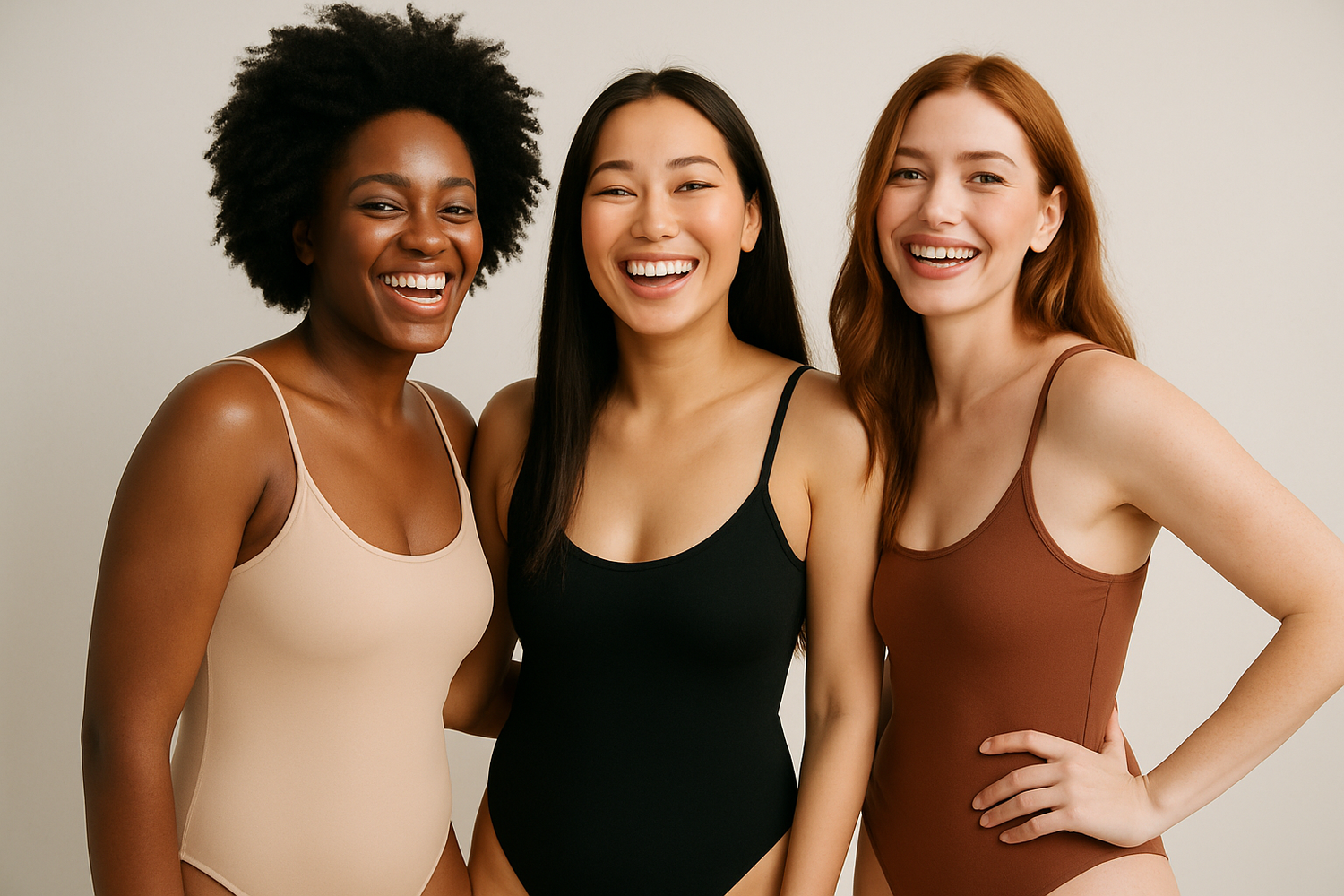 3 femme multiraciale dans bodies sans manche avec bretelle heureuse
