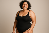 une femme avec des rondeurs dans un body sans manche avec bretelle qui sourit